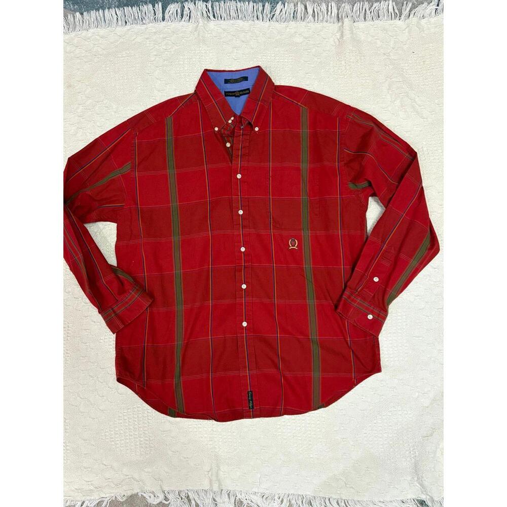 Tommy Hilfiger Men's XL Red Plaid Button-Up Shirt 100% Cotton Long Sleeve Casual
